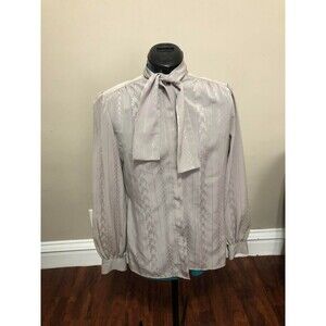 Christian Dior 80s Vintage Grey Mock Neck Tied Pleated Long Sleeve Blouse, 4